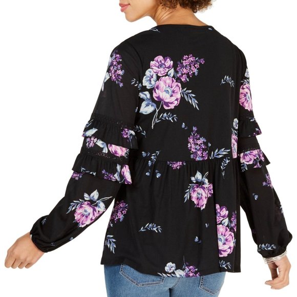 STYLE & CO Black Floral Ruffle Sleeve Boho Top XL - Picture 2 of 16